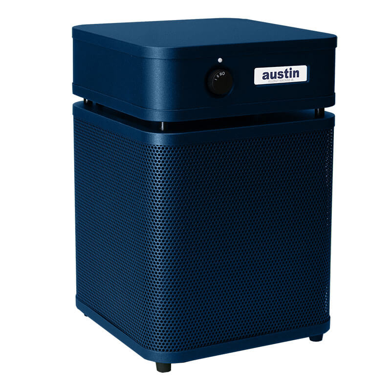 The Austin Air HealthMate Junior Machine A200 by Austin Air Systems is a dark blue, box-shaped HEPA air purifier featuring a perforated lower section and control knob—ideal for allergies as part of the HealthMate Junior line.