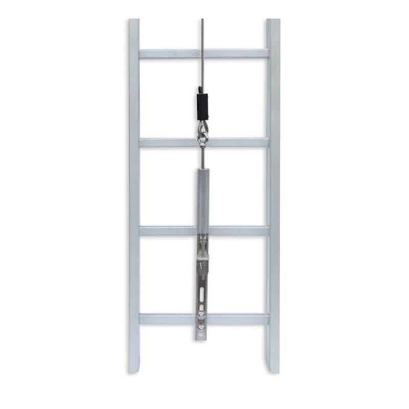 A metal cable tension meter is attached to a Frontline Ladder Cable Vertical Lifeline System VLCS by Frontline Fall Protection on a four-step silver ladder, demonstrating fixed ladder safety against a plain white background.