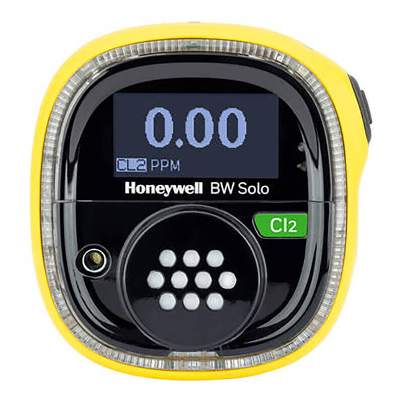 The BW Technologies by Honeywell BW Solo Wireless Gas Detector Cl2 BWS1-C-Y, with its vibrant yellow design, displays a 0.00 PPM reading for Cl2. It features a central button, an "Cl2" indicator, and is compatible with Intellidox for seamless calibration and data management.