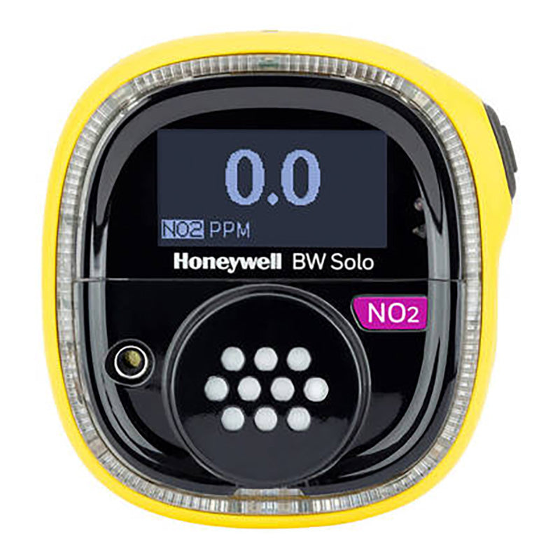 The BW Technologies by Honeywell BW Solo Wireless Gas Detector NO2 BWS1-D-Y features a black and yellow design and displays "0.0 NO2 PPM" on its screen.