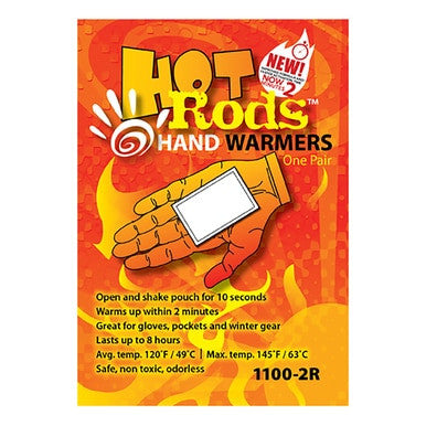 The packaging for Occunomix Hot Rods Hand Warmers 1100-10R, available in 240 pairs per case, features an image of a hand holding the warmer. Key attributes are its ability to warm up in just 2 minutes and maintain heat for up to 8 hours, reaching temperatures of 145°F. Designed as essential winter gear for gloves and pockets, these safe, non-toxic, and odorless disposable warming packets ensure comfort during cold weather conditions.