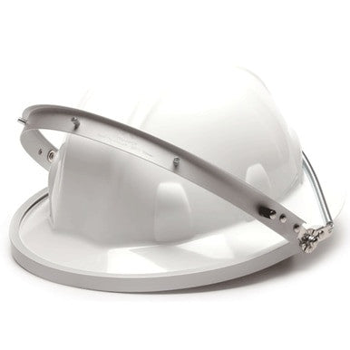 The Pyramex Safety Aluminum Full Brim Hard Hat Adapter HHAAW is shown attached to a white hard hat, offering reliable head and face protection for construction or industrial use against a plain white background.
