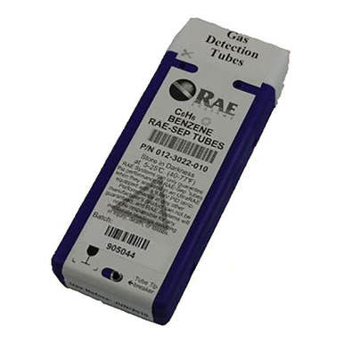 A mostly white, blue-edged rectangular box labeled "RAE Benzene Separation Tubes 012-3022-010 (10/Box)" by RAE Systems contains tubes for benzene detection with the UltraRAE 3000; detailed information is printed on the front.