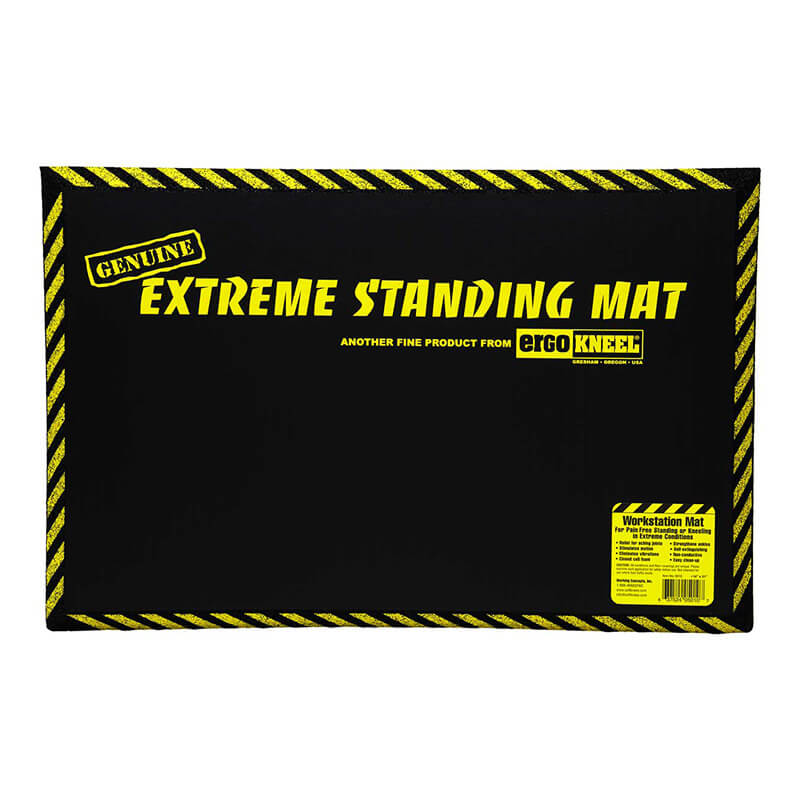Black anti-fatigue standing mat with yellow hazard stripes around the edges. The text reads "Genuine Working Concepts ErgoKneel Extreme Standing Mat" and mentions its 14 x 21-inch size. Crafted from closed cell foam, a small label in the corner provides product details.