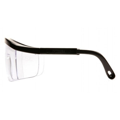 Side view of Pyramex Integra Safety Glasses in black with clear lenses. ANSI Z87.1 certified for reliable UV protection, they offer extra side coverage and slightly curved arms for a secure fit.