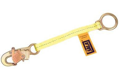 The 3M Fall Protection DBI-SALA 18 in. Long D-Ring Extender 1231117 features a tether with a golden carabiner on one end and a circular ring on the other, connected by a yellow strap adorned with the "Sala" tag. This versatile tool provides fall protection capabilities for enhanced security.