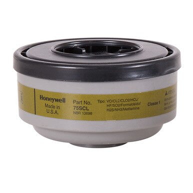 The Honeywell North N-Series Defender™ Multi-Purpose Cartridge, available from PK Safety Supply, is marked with part number 75SCL and exhibits a distinctive yellow label. This NIOSH-approved cartridge features a cylindrical design with a black top and white base, ensuring dependable protection against organic vapors and acid gases. It is proudly manufactured in the U.S.A.