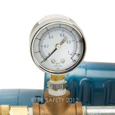 A close-up of a pressure gauge mounted on a metal pipe, displaying measurements from 0 to 1 bar. Clearly visible numbers mark the scale as it connects to a bronze valve and blue machinery—an essential component in the function of a portable air source like the Allegro Industries Allegro A-750 Ambient Air Pump 9821.