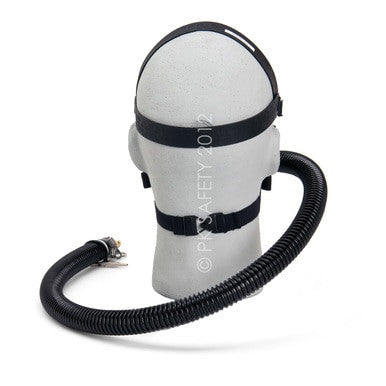 A mannequin head is wearing the Allegro Half Mask Constant Flow Airline Respirator 9920 by PK Safety Supply, which features a black silicone facepiece. A large, flexible tube extends from the back, designed to connect to a safety device for continuous airflow. A watermark reads "PK SAFETY 2012.