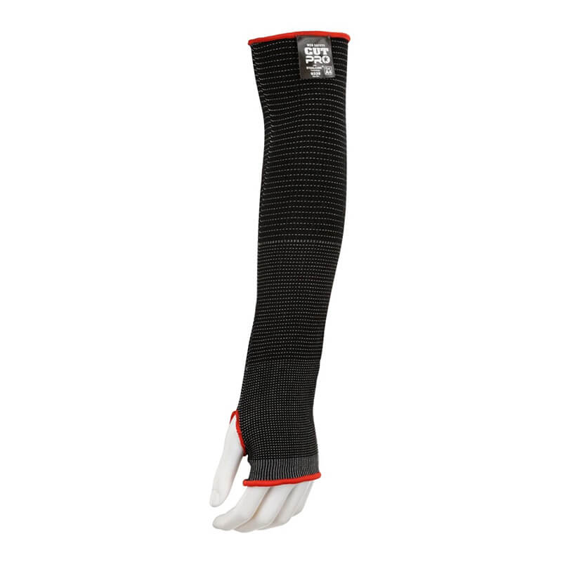 A mannequin arm displays the MCR Safety Cut Pro 13 Gauge 18" Steelcore Sleeve, showcasing its black protective design with small white dots and vibrant red trim at the ends. Constructed from Steelcore fabric, this sleeve provides ANSI A4 cut resistance. The Cut Pro label prominently displayed on the upper arm highlights its superior level of protection.