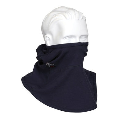 A white mannequin head displays the MCR Safety FR Westex True Comfort Balaclava Navy, flame-resistant clothing covering the neck and lower face.