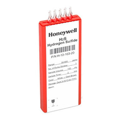 A device from PK Safety Supply, titled "Honeywell Hydrogen Sulfide 50 - 800 ppmv Tubes H-10-103-20 (10/Box)," is designed with five protruding gas detection tubes at the top. It showcases various specifications and a barcode on the front, ensuring precise hydrogen sulfide monitoring.