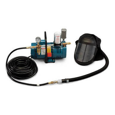 The Allegro Supplied Air Shield System 9245-01 is a blue respirator with an attached pressure gauge, black hose, and face mask, providing clean air in hazardous environments.