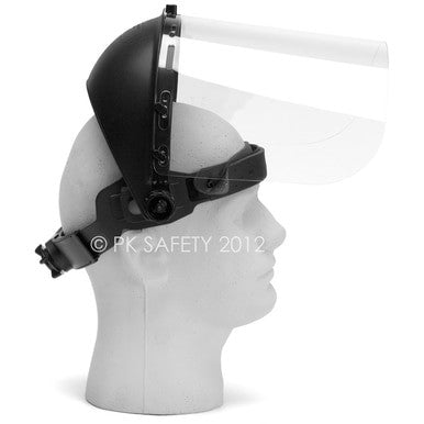 A Pyramex Safety Clear Face Shield Visor Replacement S1010 (100/case) with a black adjustable headband is displayed on a white mannequin head from the side, fully covering the face for protection and allowing easy visor replacement.
