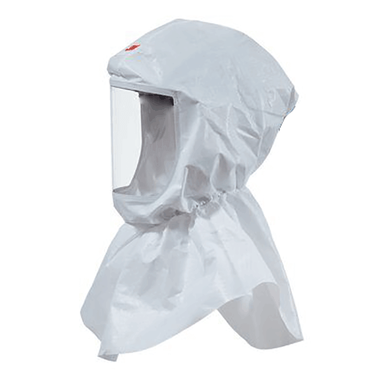 The 3M S-605-10 Replacement Hood for S-655 with Inner Collar by PK Safety Supply is a premium white full-face protective hood, perfect for high disposal rate environments, featuring a clear visor and a draped design for thorough coverage.