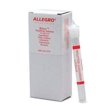 A white box labeled "Allegro Bitrex Sensitivity Solution 2041-11K" from the brand Allegro, complete with contact information, sits beside a small bottle featuring a red label. Perfect for fit tests, this solution comes with a nebulizer to guarantee precise testing.
