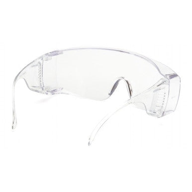 Pyramex Safety Jumbo Solo Clear Lens S510SJ Glasses (12/box) feature transparent wraparound lenses and side protection to shield eyes from debris or chemicals; both frame and temples are clear.