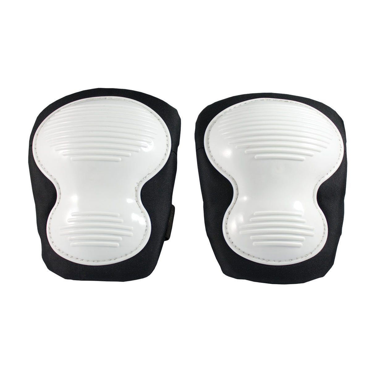 The PIP Non-Marring Knee Pads 291-110 by PIP feature slip-resistant white textured plastic caps and an ergonomic design. Their distinctive ribbed black surface enhances durability and grip, offering ideal protection during activities.
