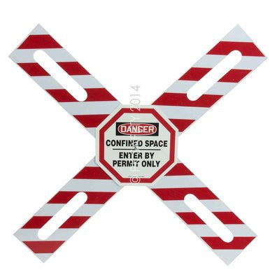 The Confined Space Barrier - Enter by Permit Only CXB631 from PK Safety Supply displays a red and white striped cross with a central octagon reading "Danger: Confined Space, Enter by Permit Only." This design meets OSHA Requirements and includes four slots, one on each arm of the cross.