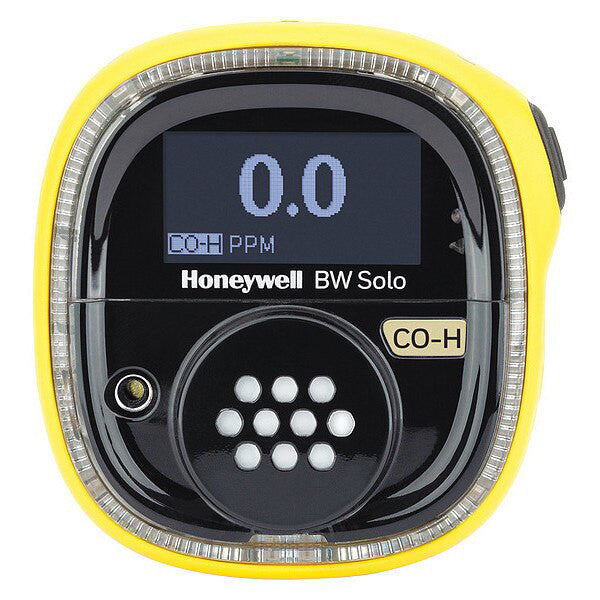 A BW Technologies by Honeywell BW Solo Wireless Gas Detector CO-H2 Resistant (BWS1-M2-Y) features a black face, yellow casing, digital "0.0" display, labeled buttons, and Safety Suite Software compatibility.