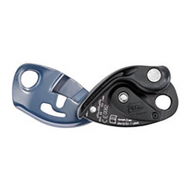 A Petzl GRIGRI Grey Belay and Descent Device D014BA00, featuring locking mechanisms for climbing safety and assisted braking, is set against a plain background.
