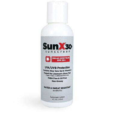 A 4 oz. white bottle of Coretex SunX SPF30 sunscreen is presented, providing broad-spectrum UVA/UVB protection. This non-greasy, oil-free formula is enriched with aloe vera for moisturizing sun protection and contains vitamin E. It offers 80 minutes of water and sweat resistance.