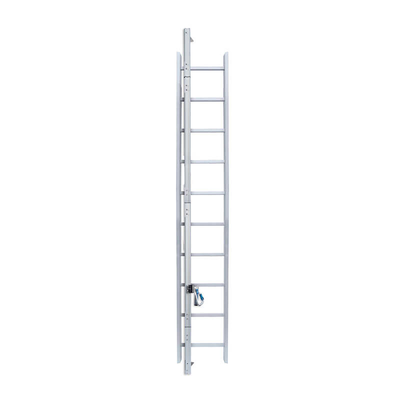 The Frontline Fall Protection Securail Pro Vertical Lifeline System VLRS, a tall silver roof access ladder with side safety rails, vertical lifeline, and base lock, is shown against a plain white background.
