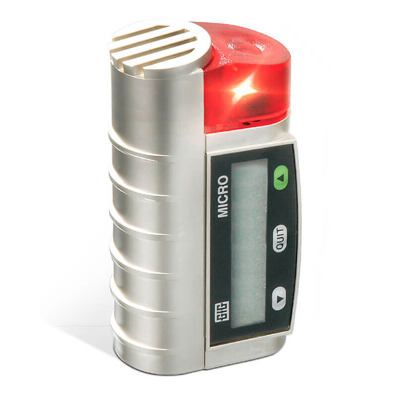 The GfG Micro IV Single Gas Detector from GfG is a compact device with a smart sensor design. It features a digital display, a rounded metallic body, and a red light positioned on top. The detector also includes buttons labeled "QUIT" and directional arrows to facilitate easy navigation.