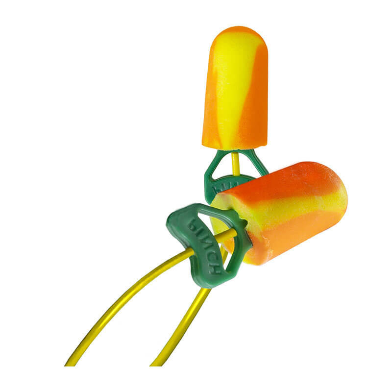 The PIP Pinchfit BioSoft Corded Foam Ear Plugs PF-30 come in a pair of orange and yellow plugs featuring Pinchfit Technology for a comfortable fit, connected by a string. They include green pull-tabs marked "Right" and "Left" to ensure easy identification.