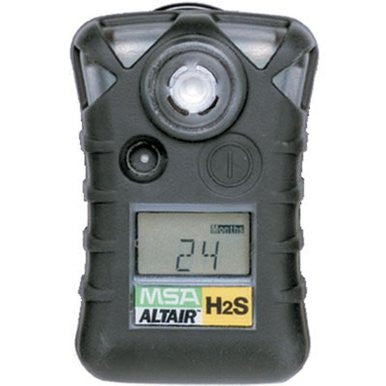 A black MSA ALTAIR H2S Gas Detector by MSA Safety shows "24" on its display. Designed for hydrogen sulfide gas detection, it has a round sensor at the top and multiple front buttons.