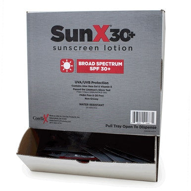 The Coretex SunX SPF30 Sunscreen Wallmount 50/Box 91663 features an open design that displays the individual packets inside. The packaging highlights its UVA/UVB protection, water resistance, non-greasy formula, and FDA compliance for excellent sun care.