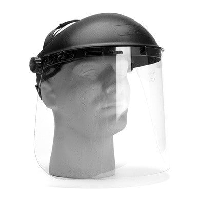 A mannequin head displays the Pyramex Safety Clear Face Shield Visor Replacement S1010, featuring a clear plastic visor with a black adjustable headband and brim—ideal for safety or visor replacement (100/case).