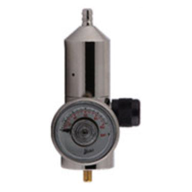 A close-up of the Intermountain Specialty Gases ISG High Pressure Fixed Flow Regulator (0.5 LPM) w/Tubing, featuring a pressure gauge, black knob, hose connector, and CGA 600 valve, shown against a white background.