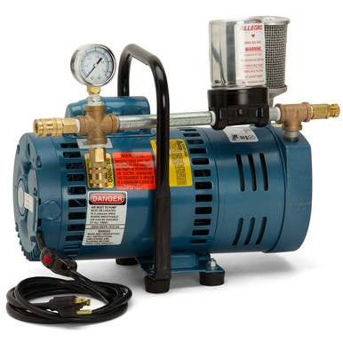 The Allegro Industries A-750 Ambient Air Pump 9821, in blue, is equipped with a handle and a top-mounted gauge, several warning labels, and an attached power cord. This portable air source is designed with brass fittings and a metal air filter for optimal efficiency.