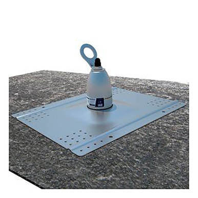 The 3M DBI-SALA Roof Top Anchor - For Metal, Concrete, Wood Roofs 2100133 by 3M Fall Protection is securely mounted on the roof surface and includes an eyelet designed for connecting Personal Fall Arrest Systems, providing critical fall protection for construction and maintenance tasks.