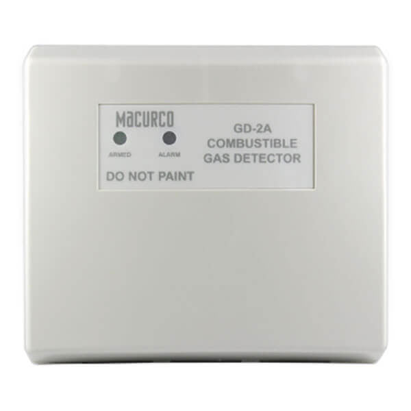 The Macurco Gas Detection Residential Combustible Gas Detector GD-2A, in a white rectangular casing, effectively detects heating gas. It includes "Armed" and "Alarm" indicators with "DO NOT PAINT" printed below for clarity on alarm control panels.