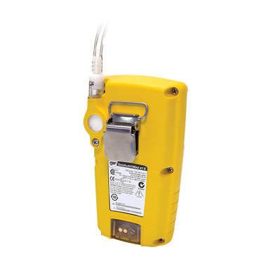 The BW XT-XWHM-Y-NA Honeywell GasAlert Max XT II Confined Space Multi-Gas Monitor by PK Safety Supply is a yellow multi-gas monitor specifically designed for hazardous spaces. It is equipped with a screen and buttons on the front, features a metal clip for easy attachment, and has a cable connection at the top. The back of the device displays a label with specifications and safety certifications.