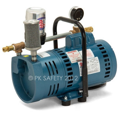 The Allegro A-750 Ambient Air Pump 9821, by Allegro Industries, is a blue industrial air pump featuring a durable metal handle, pressure gauge, and versatile fittings. Its metallic cylindrical attachment enhances functionality. With the "Allegro" branding ensuring quality, its design as a portable air source offers convenience for safety operations.