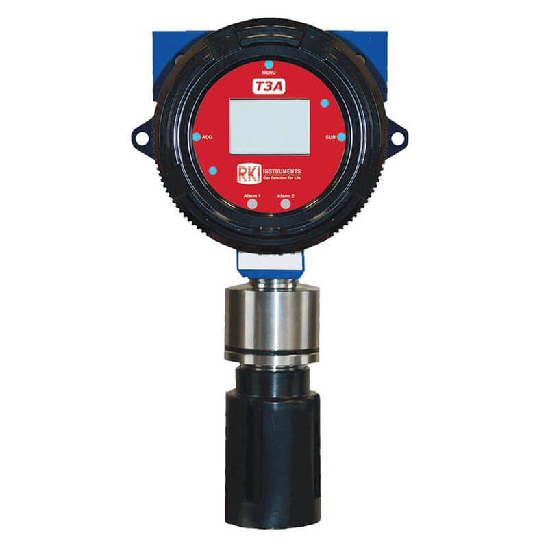 The RKI Instruments T3A Sensor/Transmitter with J-Box (SO2) 66-6310-20 is a round, industrial gas detector with a red and black faceplate, display screen, and buttons, mounted on a metal base.