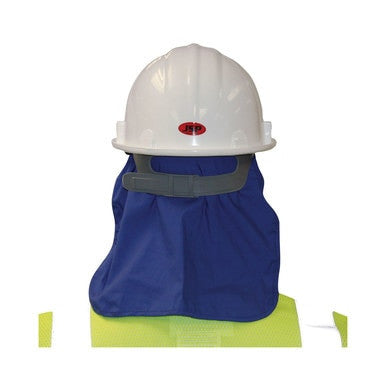 The PIP EZ-COOL Cooling Hard Hat Pad with Neck Shade 396-405-BLU, a white hard hat featuring a blue neck shade for neck protection, is designed for sun safety. It rests on top of a bright yellow safety vest against a plain background and includes an evaporative cooling pad to ensure comfort on hot days.