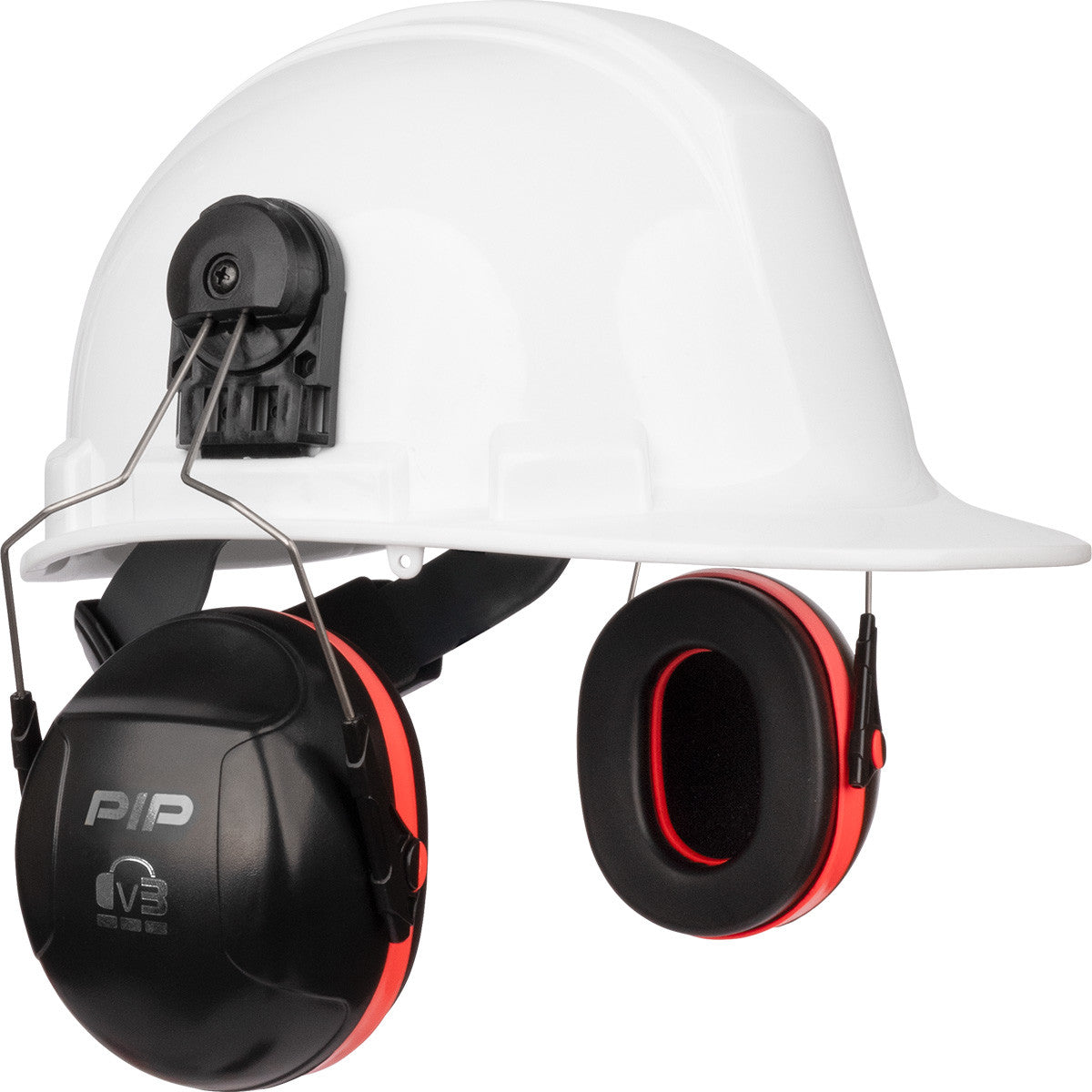 The PIP V3 Cap Mounted Ear Muff 263-V3CM features a white hard hat with black and red earmuffs that provide hearing protection. Equipped with memory foam cushions, these earmuffs are designed for superior comfort, covering the ears when worn.