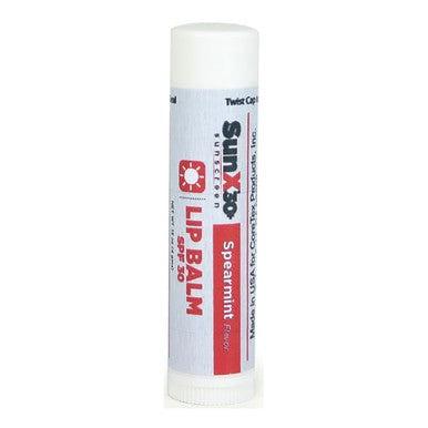 The Coretex SunX SPF30 Sunscreen Lip Balm Tube in spearmint flavor stands upright with a twist cap and red/black text, offering broad UVA/UVB protection and soothing chapped lips. Available in a case of 24.