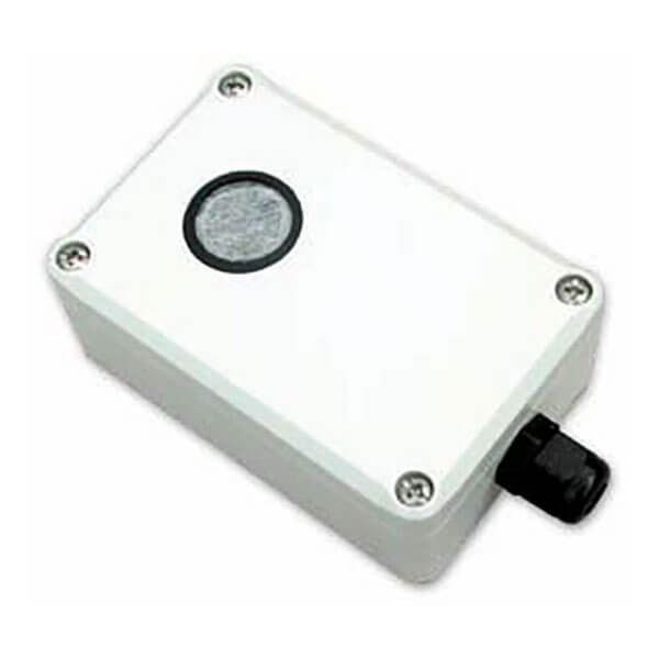 The RKI Instruments M-Series Low Cost H2S Sensor/Transmitter 65-2424 features a compact white enclosure with a circular H2S sensor, four corner screws, and a black cable gland. Ideal for affordable hydrogen sulfide monitoring applications.