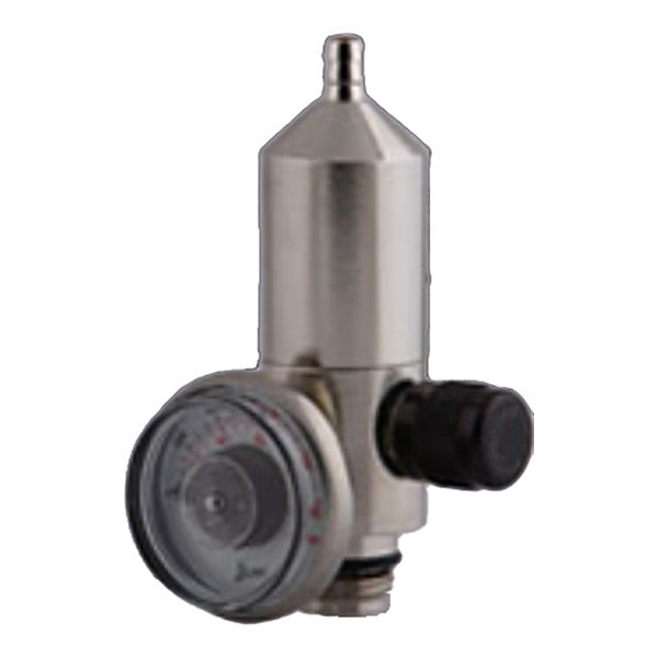 The RKI Instruments GX-3R Bundle features a metal pressure regulator with a cylindrical body, pressure gauge with marked measurements, black adjustment knob, and top hose connector—perfect for calibration kits and confined space gas detection.
