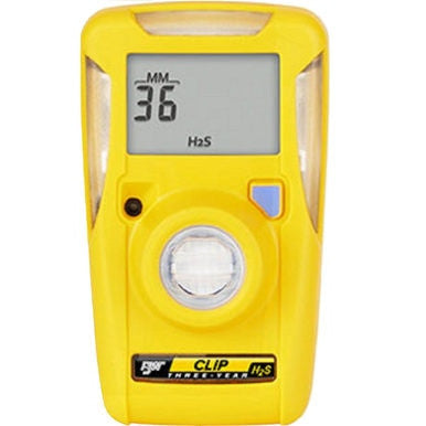 The PK Safety Supply BW Clip 3 Year H2S 10-15 Single Gas Detector BWC3-H, maintenance-free and efficient in yellow, displays "36 MM" for hydrogen sulfide on its screen. It features a round center sensor and is labeled "Clip" at the bottom, guaranteeing reliable gas detection.