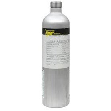 Against a plain white background stands a silver canister with a gray cap, its label indicating the BW Honeywell 5-Gas Calibration Mix CG-QT34-1 from PK Safety Supply, potentially used for devices such as the GasAlert Micro 5 IR Monitor.