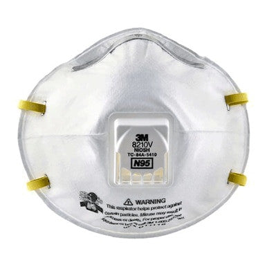 The 3M N95 Disposable Respirator with Exhalation Valve 8210V, which has a CoolFlow Exhalation Valve at the center, comes in white and features yellow straps for a secure fit. It includes a warning label with instructions and prominently displays the model number 8210V to confirm it meets disposable respirator standards.