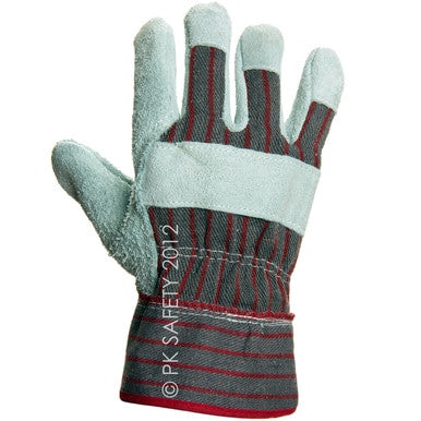 The MCR Memphis 1200S Economy Leather Palm Work Glove from MCR Safety showcases a protective design with blue-gray fabric on the fingers and palm, paired with gray and red striped fabric on the back. The glove is reinforced in key areas and stands upright in the photo. It features "PK SAFETY 2012" printed on it, offering an affordable and replaceable glove option. Sold in sets of 12 pairs.