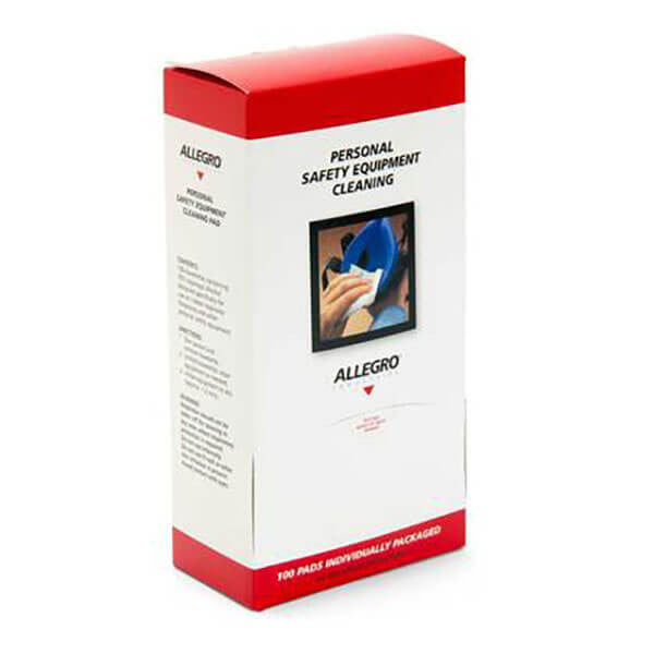 The Allegro Respirator Cleaning Wipes w Isopropanol 1001 are packaged in a white box with red accents, featuring an image of someone cleaning a respirator. Each box contains 100 individually packaged pads designed for maintaining equipment hygiene.