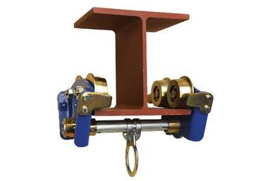 A DBI-SALA Trolley Anchor 2103143 from 3M Fall Protection, featuring a red steel beam with attached trolley anchorage connector system complemented by blue brackets and gold wheels. A metal hook is positioned at the bottom to facilitate lifting or rigging applications, providing reliable fall protection.